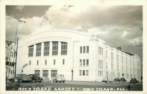 Illinois Rock Island RPPC Photo 1940s Postcard Rock Island Armory autos 22-966