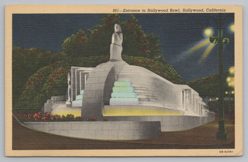 Hollywood California~Entrance Of Bowl At Night~Vintage Postcard