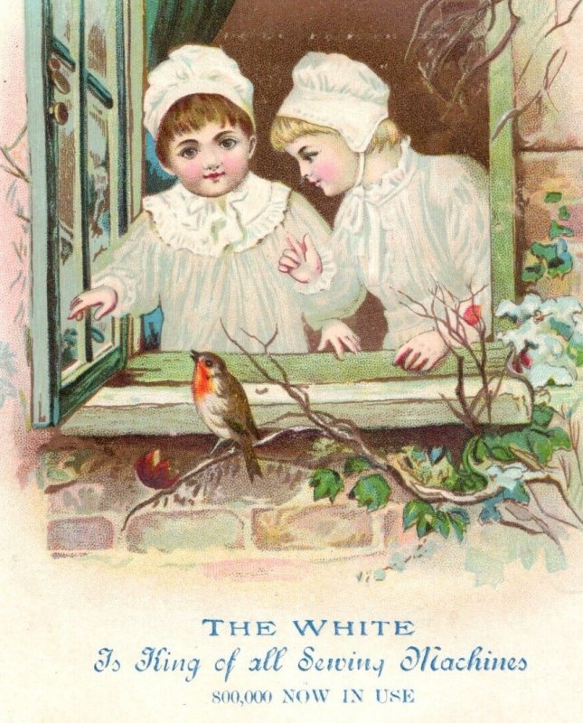 1870's-80's Lovely Big White Sewing Machine Girls Birds Victorian Trade Card 5S