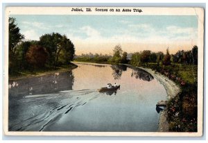 1919 Scenes Auto Trip Canoe Boat River Joliet Illinois Vintage Antique Postcard 