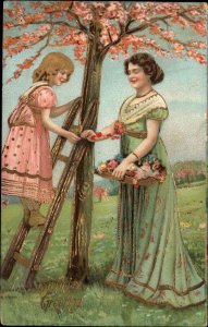 Birthday Mother and Daughter Pick Cherry Blossoms c1910 Gel Vintage Postcard