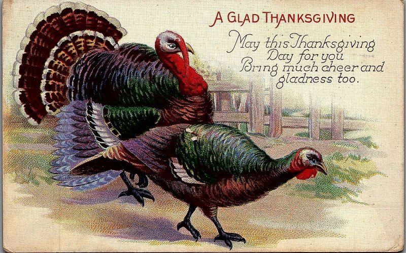 c1915 A GLAD THANKSGIVING TURKEY POEM FENCE FOOD PAY COLORFUL POSTCARD 34-75