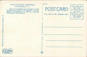 Vtg 1920s Carlyle House Restored Alexandria Virginia VA Unused Postcard