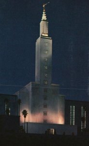 Vintage Postcard Night View Temple Church Jesus Christ Latter Day Saints LA Cal.