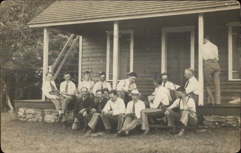 Group of Men on Porch Playing Cards c1910 Real Photo Postcard
