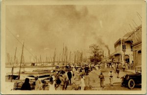 RPPC Early 1900's Shipping Port Scene antique cars Real Photo Postcard