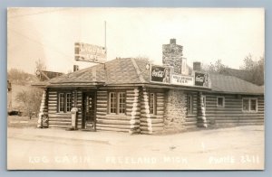 FREELAND MI LOG CABIN COCA COLA SIGNS ANTIQUE REAL PHOTO POSTCARD RPPC 