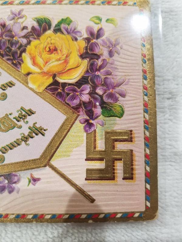 Turn of Century Good Luck Swastika Gold Embossed.  Yellow and Purple Flowers