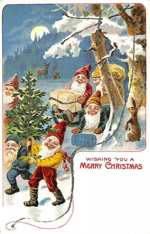 Merry Christmas Brown Robed Santa Claus Elves Postcard