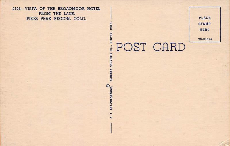 Vista of the Broadmoor Hotel, Pike's Peak Region, CO, Early Postcard, Unused