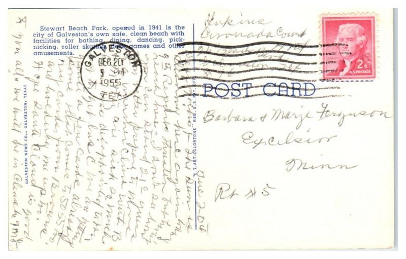 1955 Stewart Beach, Galveston, TX Postcard *5E4