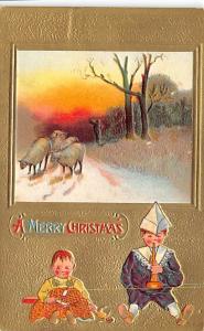 Boy Ice Skating pulled by Dog Christmas Post Card