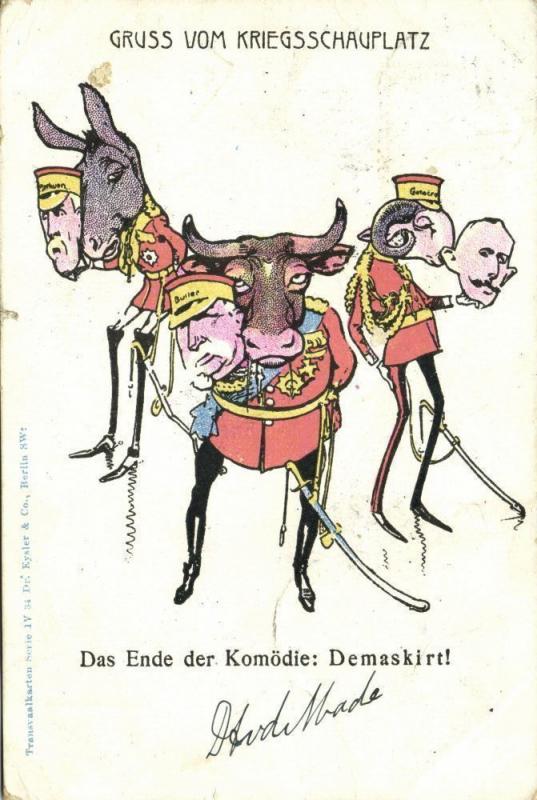 BOER WAR, Caricature English Commanders Unmasked Donkey Ram Bull (1901)