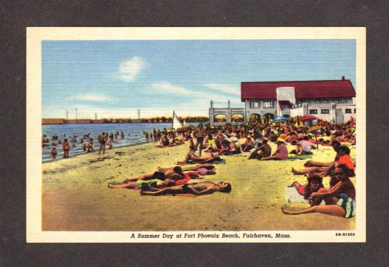 MA Beach House Fort Ft Phoenix Beach Fairhaven Mass Massachusetts Postcard Linen