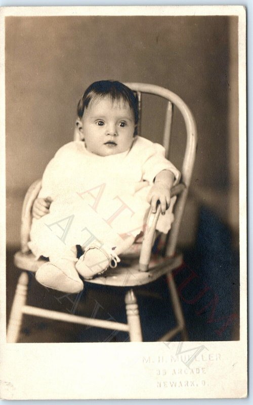 c1910s Newark OH Cute Baby RPPC Little Boy or Girl Real Photo Chair Mueller A173