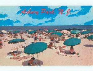 Pre-1980 GREEN UMBRELLAS AT THE BEACH Asbury Park New Jersey NJ d7725