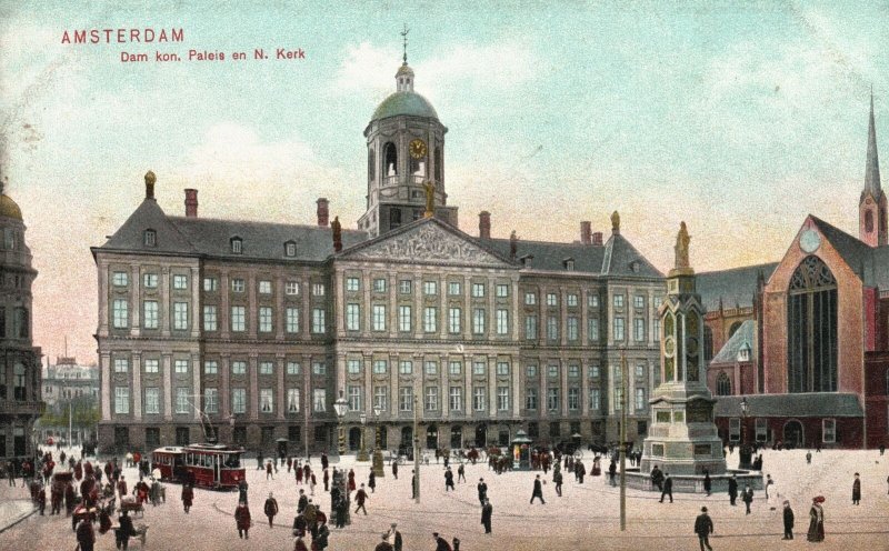 Vintage Postcard Dam Kon Paleis En N. Kerk Royal Palace Amsterdam Netherlands