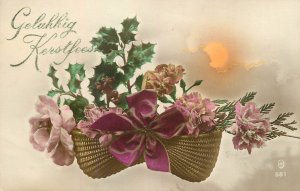 Floral vintage greetings postcard Belgium carnation bouquet thorn leaf bowtie