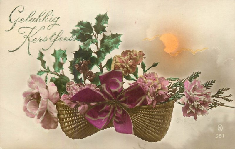 Floral vintage greetings postcard Belgium carnation bouquet thorn leaf bowtie