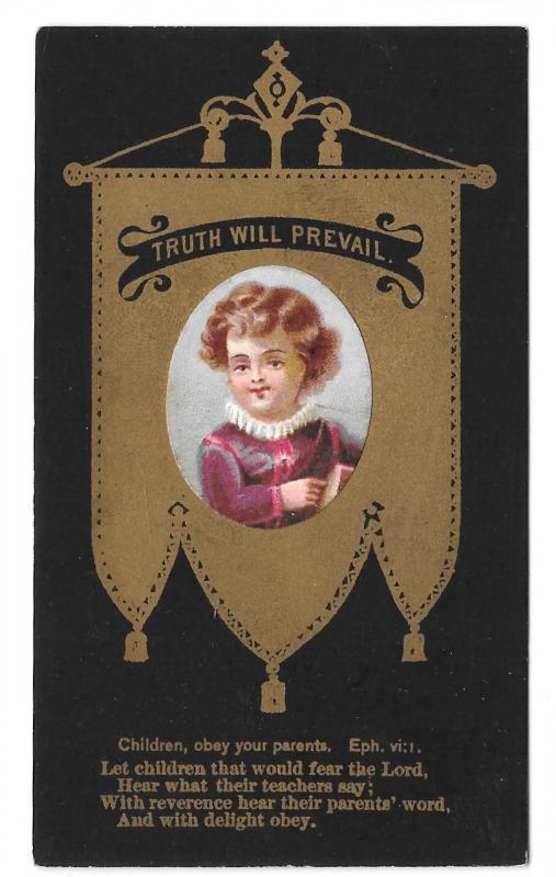 Victorian Chromo Card for Children Christian Bible Quote Black and Gold