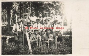 Unknown Europe Location, RPPC, Loggers with Pipes Saws & Axes, Logging, Photo