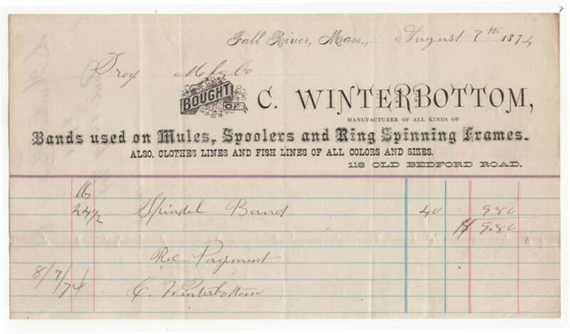 1874 Bhd. C. WINTERBOTTOM, Mfg. of Bands Used on Mules, Spoolers, Fall River, MA