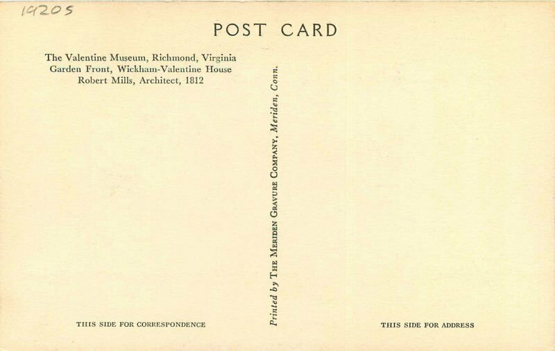 Garden Front 1920s Richmond Virginia Valentine Museum Merriden Postcard 6549