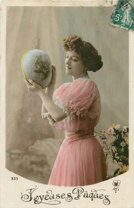 Vintage Easter Greetings Real Photo Postcard Lady Pink Dress Penciled Egg Paques Hippostcard