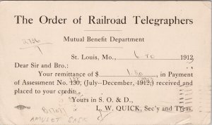 1913 Amulet SASK Cancel Order Railroad Telegraphers Receipt Postcard H59 *as is