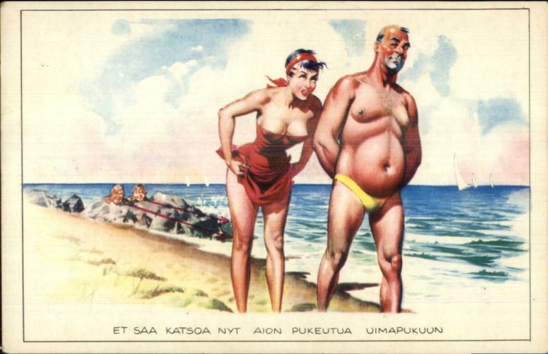 Finland Finsh Beach Bathing Beauty Chunky Guy in Speedo Old Postcard