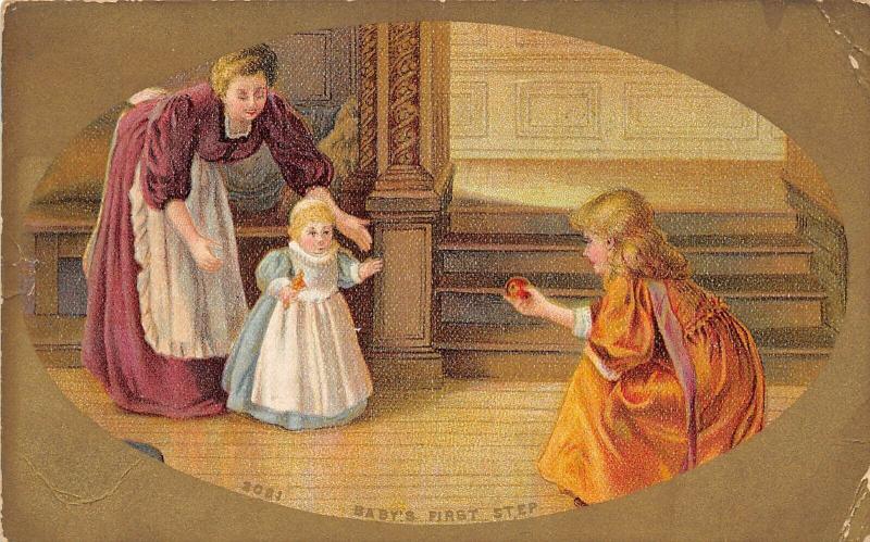 Baby's First Step 19111 Postcard Girl Coaxes Baby with Apple Mother