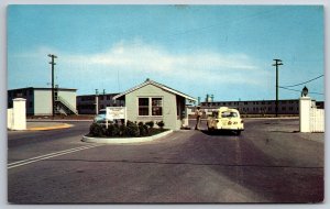 Delaware~Dover Air Force Base Main Gate~Guard Talks to Station Wagon Taxi~1950s