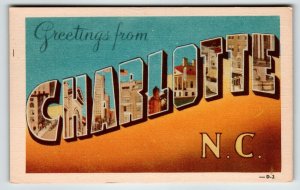 Greetings From Charlotte North Carolina Large Big Letter Linen Postcard Dexter