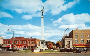 Angola IN Indiana CITY SQUARE Street Scene~Civil War Monument~50's Cars Postcard