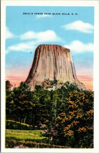 Vtg 1940s Devil's Tower near Black Hills South Dakota SD Unused Linen Postcard