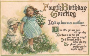 Vintage Postcard 1910's Fourth Birthday Greeting Let us Love One Another