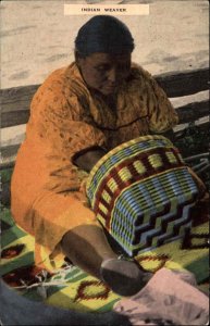 Native American Indian Woman Weaving Basket Linen Postcard
