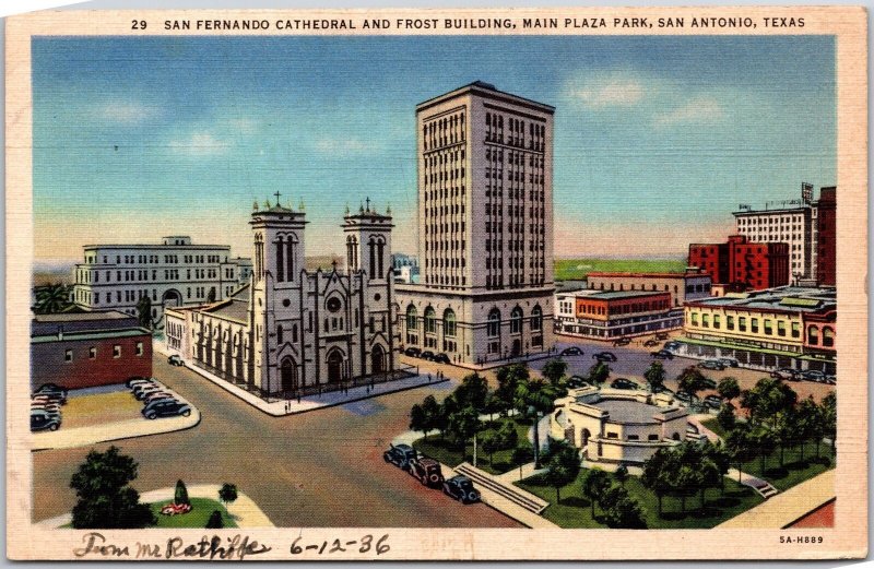 San Antonio TX-Texas, San Fernando Cathedral & Frost Bldg., Main Plaza, Postcard