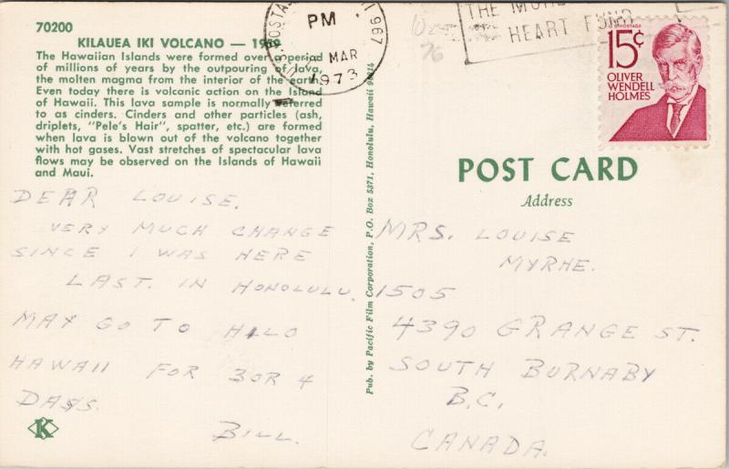 Kilauea Iki Volcano Hawaii HI c1973 Postcard D82