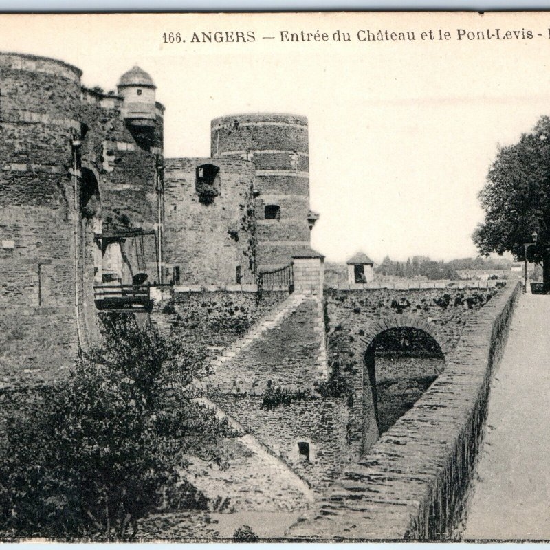 c1900s Angers, France Chateau Entrance Pont-Levis Bridge Stone Towers Trees A342