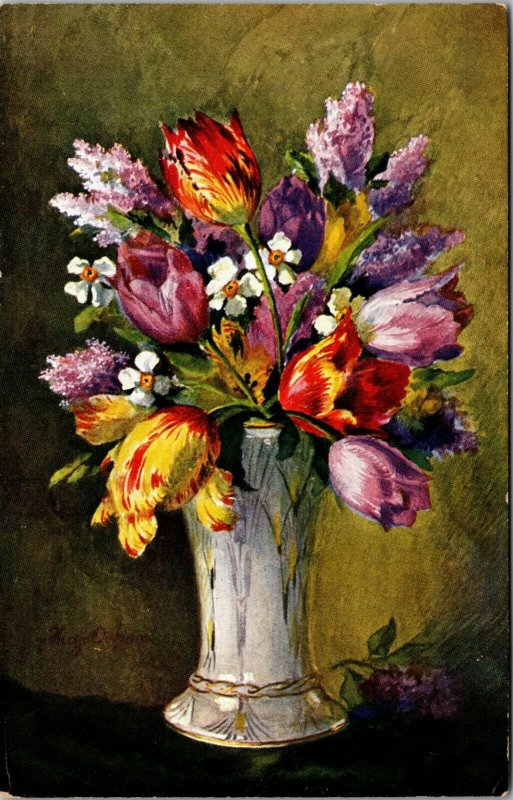 FLOWERS IN A VASE - UNPOSTED - Art Vintage Postcard 