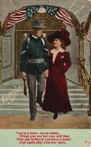 Vintage Postcard 1912 Lovers Couple Arrival You're A Hero-Never Mind Romance