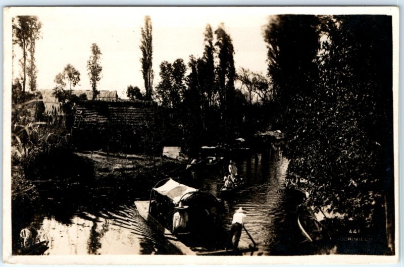 c1900s Mexico River Boat RPPC House M.P Martinez Real Photo Xochimilco PC A136