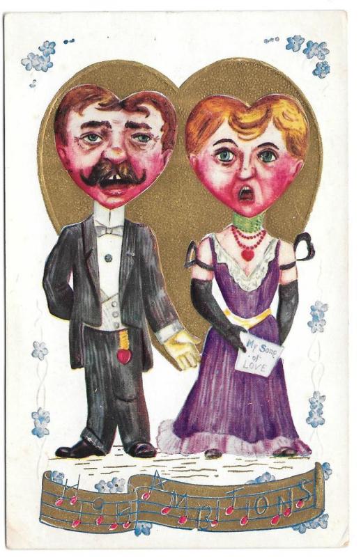 Fantasy Valentine Postcard Heart Face Heads Singers Gilt