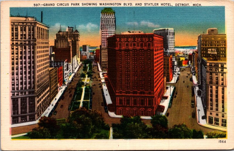 Detroit MI Grand Circus Park Washington Blvd Statler Hotel birdseye view vtg