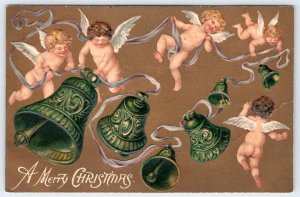 Pre-1907 MERRY CHRISTMAS ANGELS BELLS RIBBON VICTORIAN EMBOSSED ANTIQUE POSTCARD