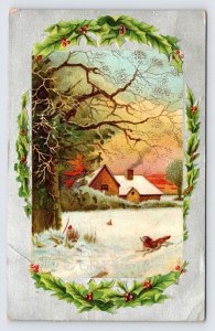 Seasons Greetings Christmas Postcard, Winter Scene with House and Dog in Snow P3