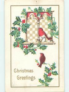 Pre-Linen christmas CUTE BIRD STANDING IN THE WINDOW WITH HOLLY hr2864