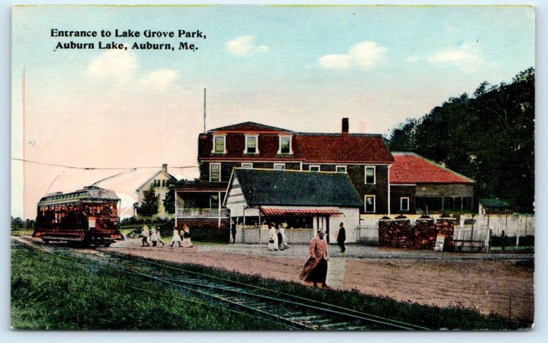 AUBURN, ME Maine ~Entrance LAKE GROVE AMUSEMENT PARK Trolley c1910s Postcard