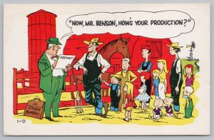 Comics~Farm Bureau & Farmer With Family~Hows Your Production~Vintage Postcard